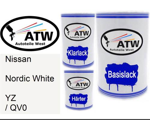 Nissan, Nordic White, YZ / QV0: 500ml Lackdose + 500ml Klarlack + 250ml Härter - Set, von ATW Autoteile West.